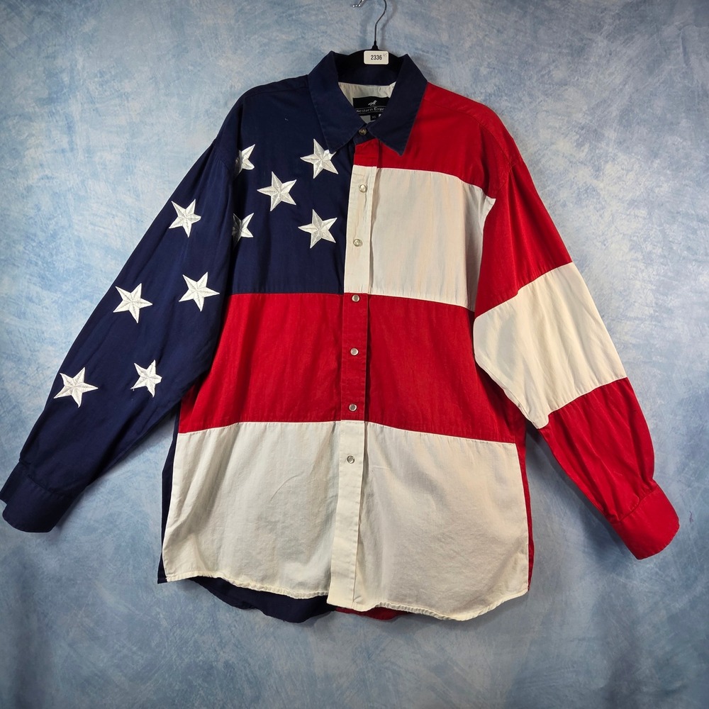 Western Express Mens XL American Flag Patriotic Button Down Shirt Red White Blue